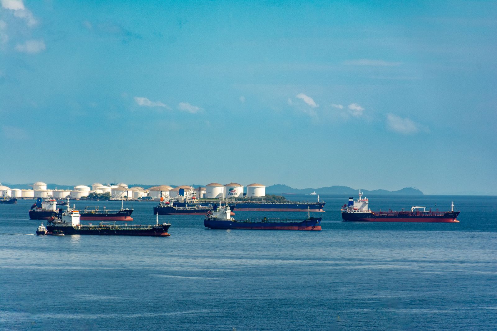 Commercial vessels at a coastal port